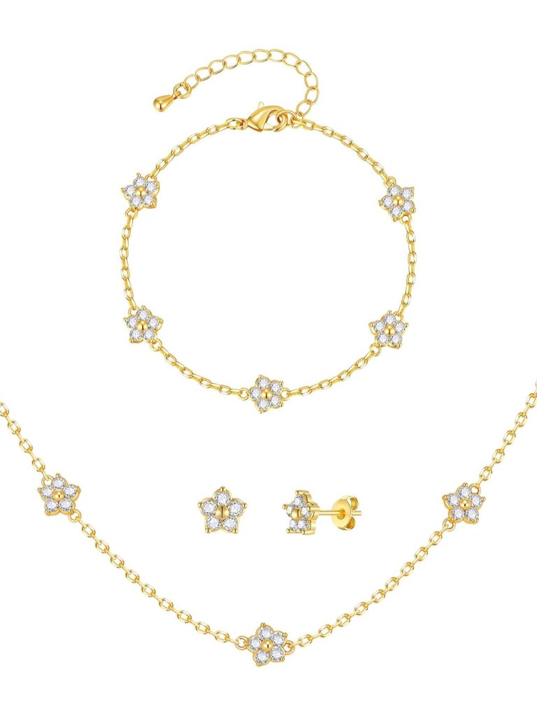 Gold Jewelry Set For Women - Dainty 14k Gold/Silver Plated Four Leaf Bracelet, C